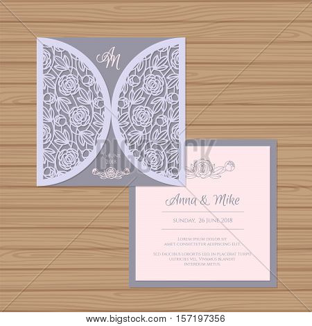 Wedding Invitation Or Greeting Card With Flower Ornament. Cut Laser Square Envelope Template. Weddin