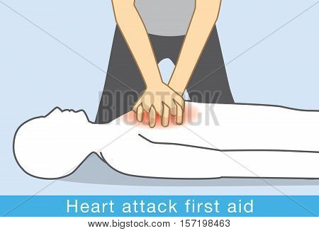 Hand push hard and fast in the center of chest of Heart attack people. First aid for Heart attack people.