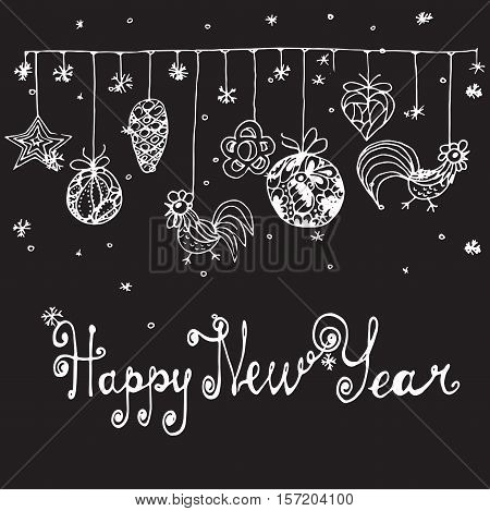 Hand drawn New Year greeting card. 2017 is the year of Fire Chicken on Chinese zodiac. Monochrome illustration.