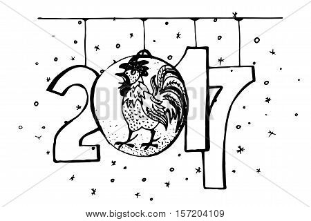 Hand drawn New Year greeting card. 2017 is the year of Fire Chicken on Chinese zodiac. Monochrome illustration.