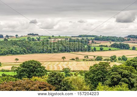 Rural English countryside of late summer fields in Middleham, North Yorkshire, England.