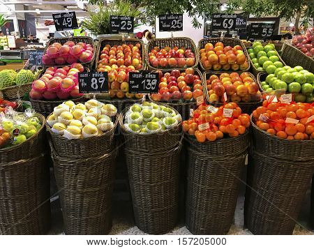 Bangkok, Thailand, -, 18, November, 2016: Fresh fruits at a market and in supermarket