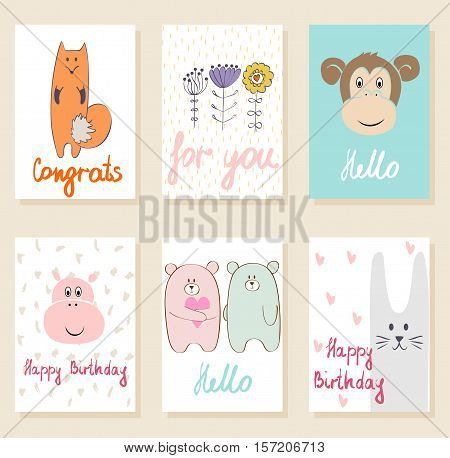 Collection of cute artistic cards for kids. Funny animals in vector.