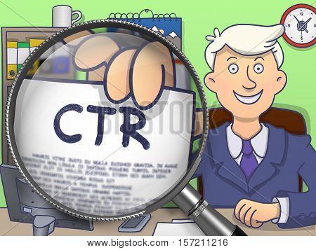 Businessman Showing Paper with Text CTR - Click through Rate. Closeup View through Lens. Multicolor Modern Line Illustration in Doodle Style.