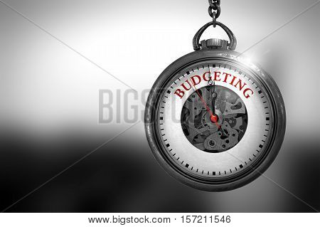 Budgeting on Vintage Pocket Clock Face with Close View of Watch Mechanism. Business Concept. Business Concept: Vintage Pocket Clock with Budgeting - Red Text on it Face. 3D Rendering.