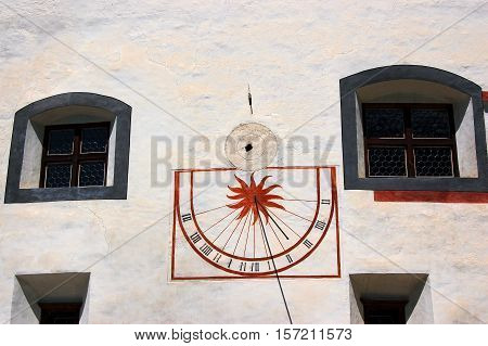Detail of an ancient Sundial. Convent of St. John in Mustair (UNESCO world heritage site) Grisons Switzerland
