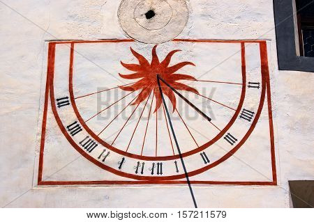 Detail of an ancient Sundial. Convent of St. John in Mustair (UNESCO world heritage site) Grisons Switzerland