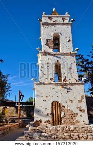 Bell tower and church in the village Toconao close to San Pedro de Atacama in the Atacama desert in Chile South America