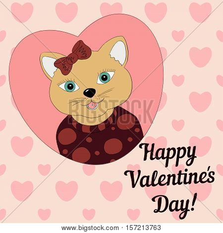 A cat with a brown bow. Print for clothing postcards.Valentine's day