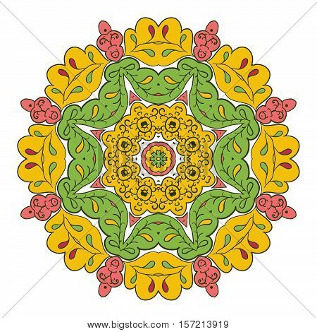 Floral lace motifs. Mandala. Zentangl relaxation. Hand drawn background. Yellow and green colors