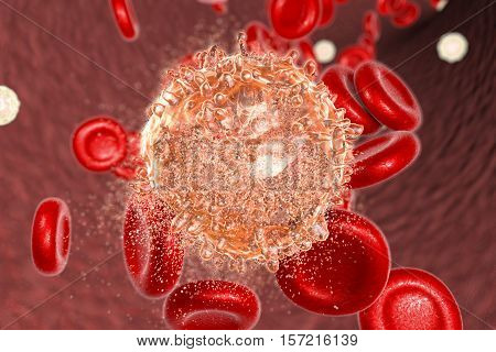 Destruction of leukaemia cell, conceptual image. 3D illustration which can be used to illustrate blood cancer treatment
