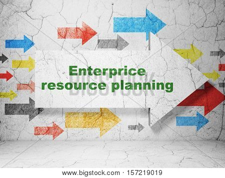 Finance concept:  arrow with Enterprice Resource Planning on grunge textured concrete wall background, 3D rendering