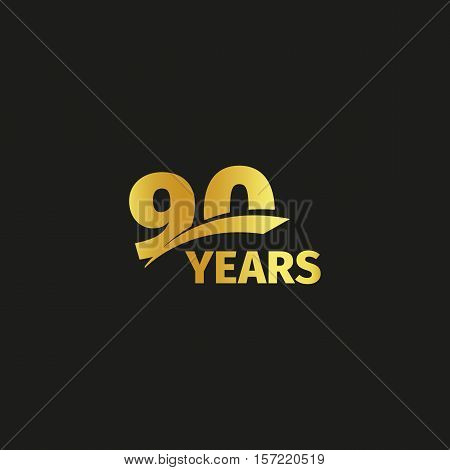Isolated abstract golden 90th anniversary logo on black background. 90 number logotype. Ninty years jubilee celebration icon. Nintieth birthday emblem. Vector illustration