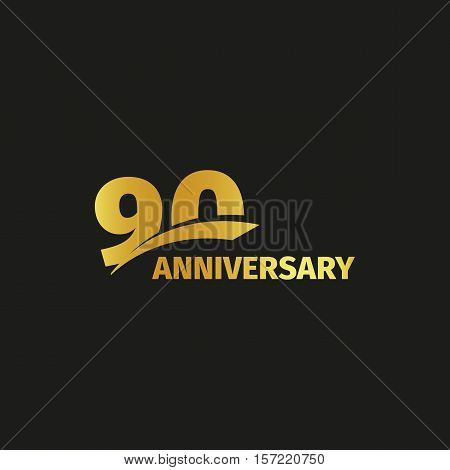 Isolated abstract golden 90th anniversary logo on black background. 90 number logotype. Ninty years jubilee celebration icon. Nintieth birthday emblem. Vector illustration