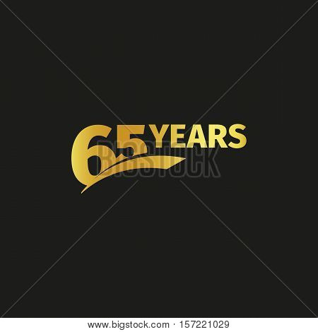 Isolated abstract golden 65th anniversary logo on black background. 65 number logotype. Sixty-five years jubilee celebration icon. Birthday emblem. Vector illustration