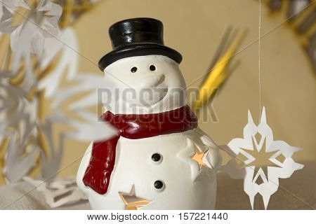 Snowman snowflakes Golden hands on the clock midnight new year holiday decor