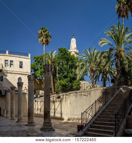 JERUSALEM, ISRAEL - OCTOBER 3: Part of the ancient Roman main street - Cardo, the remains of an ancient columns in Jewish Quarter in Old City of Jerusalem, Israel on October 3, 2016