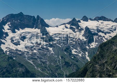 White snowcaps on cliffs in mountain Abkhazia