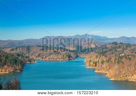 Panoramic view of Lokvarsko lake, beautiful mountain autumn landscape, Lokve, Gorski kotar, Croatia