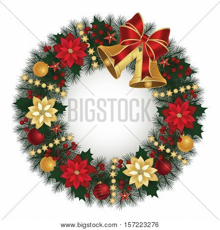 Christmas wreath with bells fir branches poinsettia plant and decorative elements