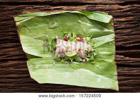 Nham Sour Pork In Banana Leaves Thai Food