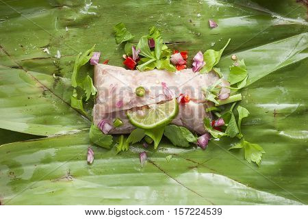Nham Sour Pork In Banana Leaves Thai Food