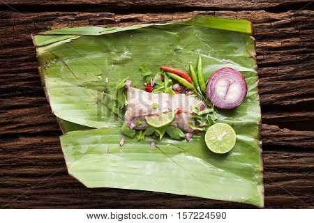 Nham Sour Pork In Banana Leaves Thai Food