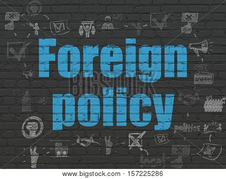 Politics concept: Painted blue text Foreign Policy on Black Brick wall background with Scheme Of Hand Drawn Politics Icons