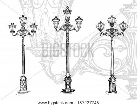 Lamppost or street lamp. Sketch vector illustration isolated on white background
