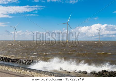 offshore windmill farm in the IJsselmeer at Urk Netherlands