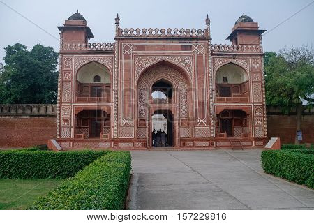 Entrance gate to Itmad-Ud-Daulah's tomb in Agra Uttar Pradesh India. Also known as the Jewel Box or the Baby Taj.