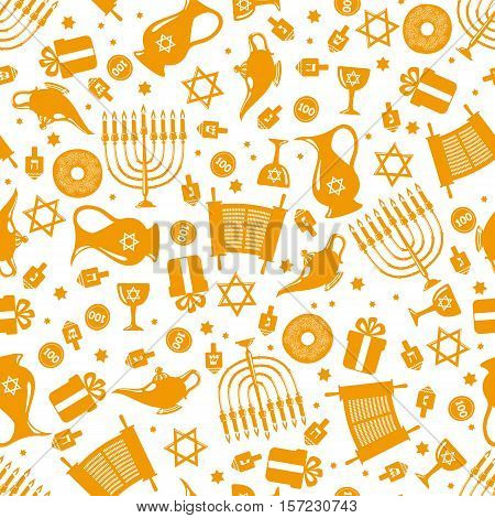 Seamless pattern background with Hanukkah traditional elements in flat style. Vector illustration.