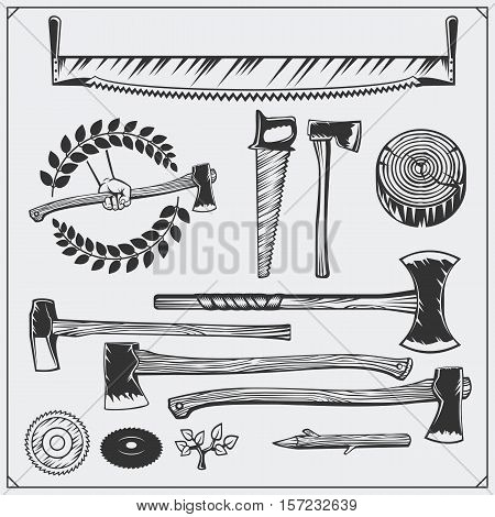 Vector set of vintage carpentry tools. Axes and saws.