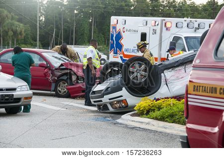 Orlando Florida - September 15th 2009: Vehicle rollover accident at major intersection in Orlando Florida September 15th 2009
