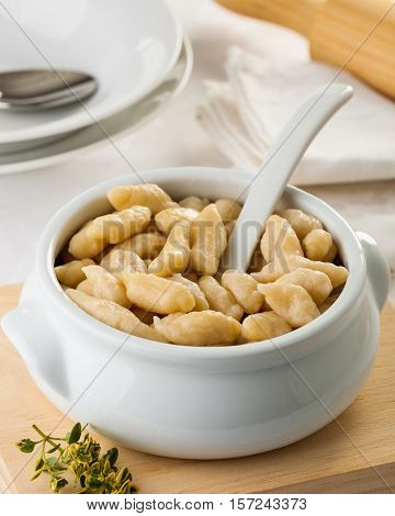 Bowl with homemade Hungarian Nokedli or Galuska