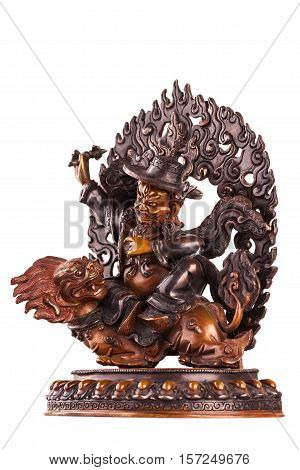 The defender of Buddhist doctrine Vadzhrasadkhu astride a snow lion holds in hand to a dorje.