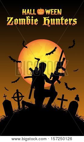 halloween zombie hunter with machine gun at graveyard