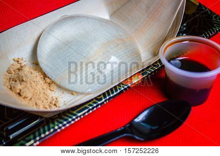 Water Cake, Japanese Style Dessert With Decoration, Raindrop Mizu Mochi.