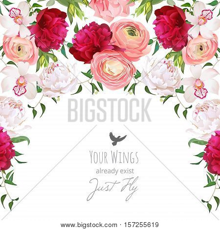 Semicircle garland frame arranged from burgundy red and white peony peachy ranunculus rose orchid. Cute wedding floral vector design.