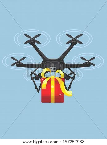 fast gift delivery by drone in blue sky, vector
