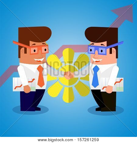 Happy businessmen shake hands at the achievements of a successful transaction. Flat design.