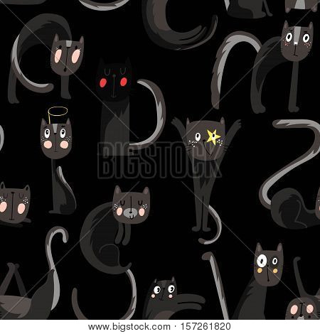 Seamless Pattern With Cartoon Cats - Stock Vector
