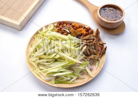 Ingredients Thai food spicy mangoes salad on white background
