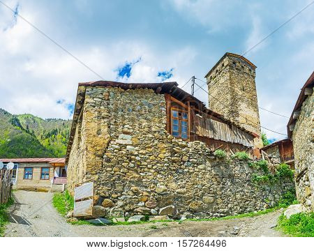 The mountain townlet of Mestia boasts a lot of preserved stone houses with tall towers typical for Svaneti Georgia.