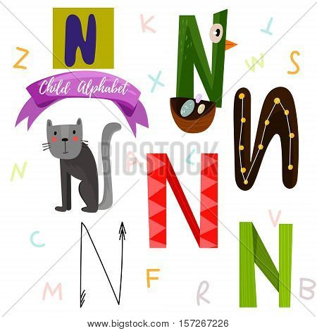 Bright Alphabet Set In Vector.n Letter-stylish 6 Hand Drawn Letters In Different Designs.cartoon Abs