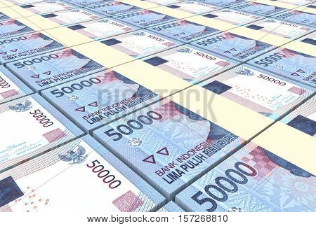 Indonesian rupiah bills stacks background. 3D illustration.