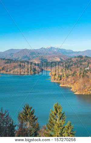 Panoramic view of Lokvarsko lake, beautiful mountain autumn landscape, Lokve, Gorski kotar, Croatia