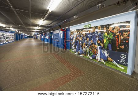 London, the UK - May 2016: Behind the curtains at Stamford Bridge stadium - the official playground  of FC Chelsea
