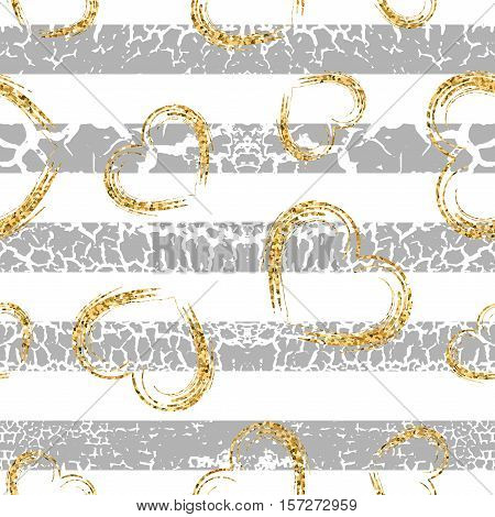 Gold grunge hearts craquelure stripes seamless pattern. Golden glitter confetti. White and gray background. Love Valentine day wedding design card wallpaper wrapping textile Vector Illustration