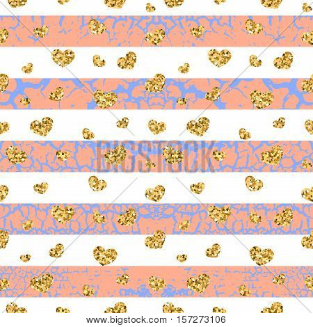 Gold grunge hearts craquelure stripes seamless pattern. Golden glitter confetti. White and pink background. Love Valentine day wedding design card wallpaper wrapping textile Vector Illustration